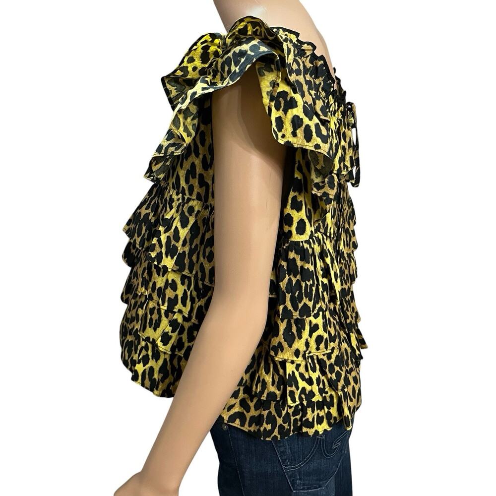 Ganni Leopard Print Blouse 38EU/Medium Tiered Ruffle Open Back Flutter Sleeve - Picture 2 of 10